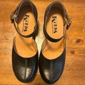 Kork-Ease Black Leather Ankle Strap Mules